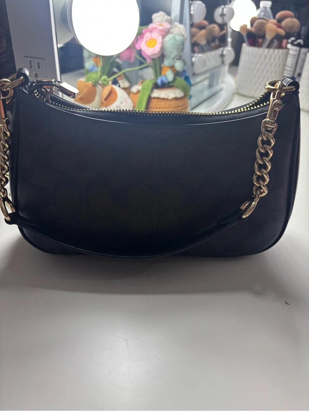 Coach Black Signature Canvas Shoulder Bag with Gold Hardware